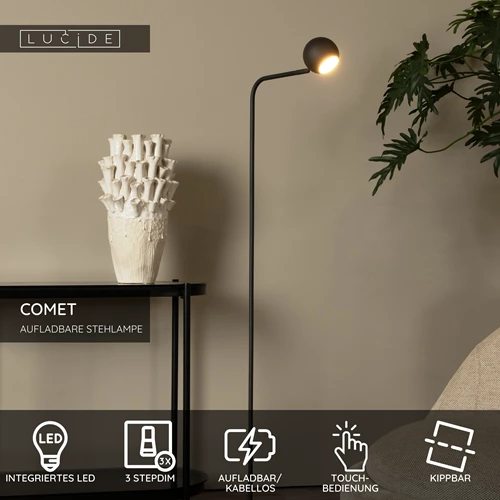 Lucide COMET - wiederaufladbare Stehlampe - Akku/Batterie - LED 3 StepDim - 1x3W 2700K - Schwarz - USP